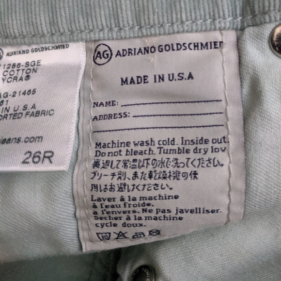 Ag Jeans Mint Green Stevie Slim Corduroys 26R - Picture 9 of 9